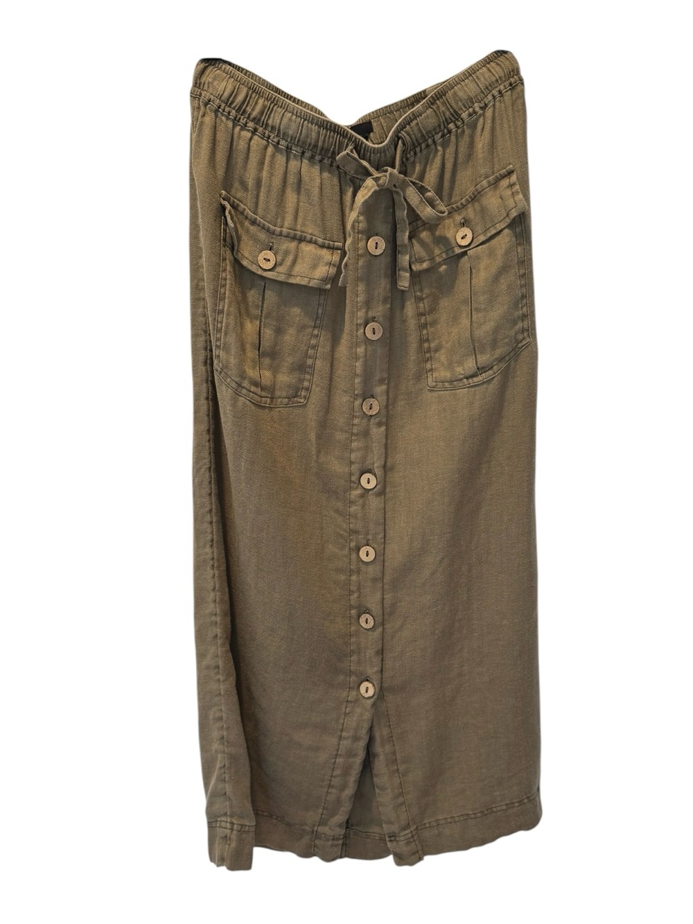 🌴 Nichole Miller Button-Front Olive Maxi Skirt with Tie Waist
